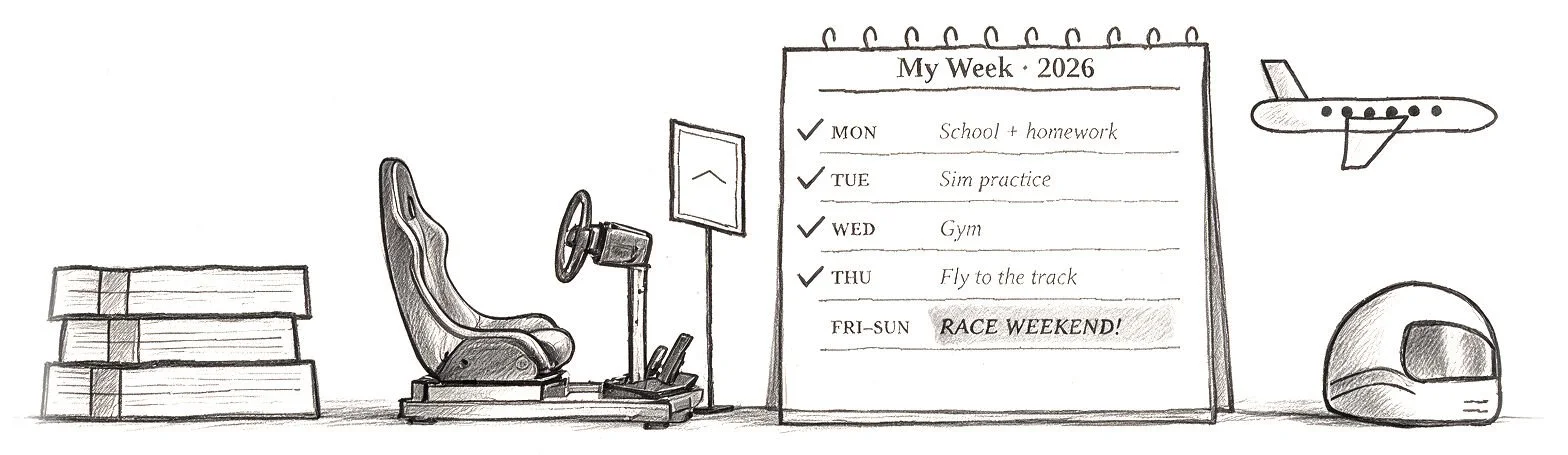 Sketch of textbooks, a racing simulator, a weekly calendar (Mon: school and homework; Tue: sim practice; Wed: gym; Thu: fly to the track; Fri–Sun: race weekend), an airplane, and a helmet