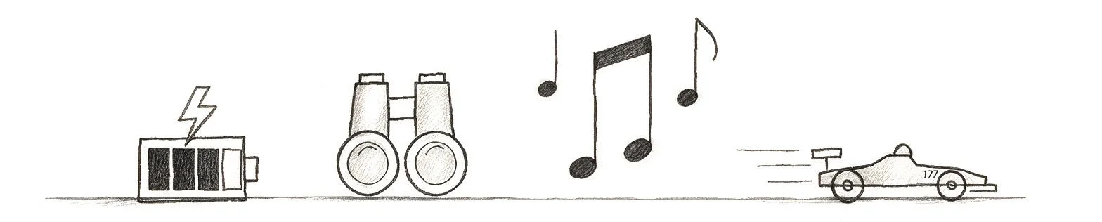 Sketch of a charging battery, binoculars, music notes, and car #177 at speed