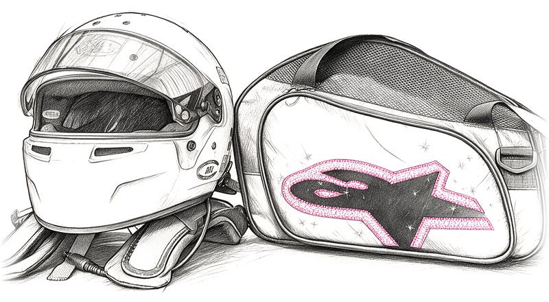 Pencil sketch of a white racing helmet resting on a head-and-neck restraint beside a helmet bag with a pink rhinestone logo