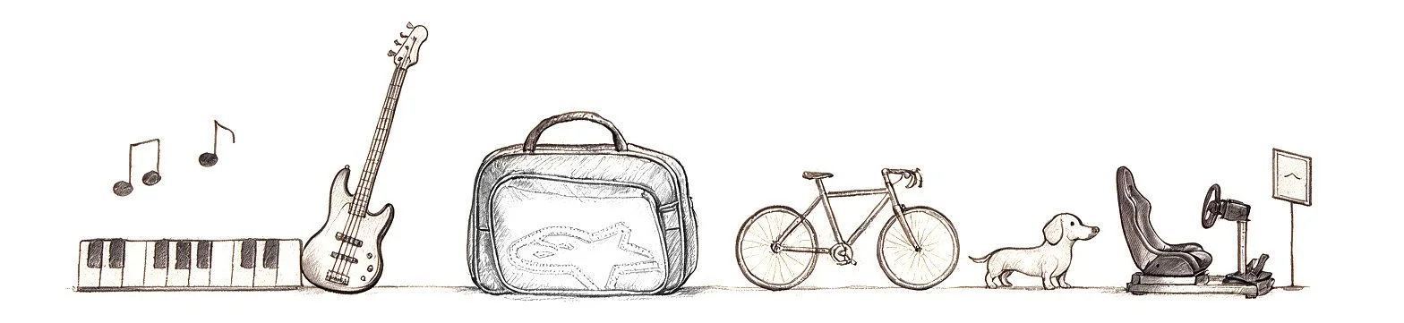 Sketch of a keyboard with music notes, a bass guitar, the helmet bag, a bicycle, a dachshund, and a racing simulator