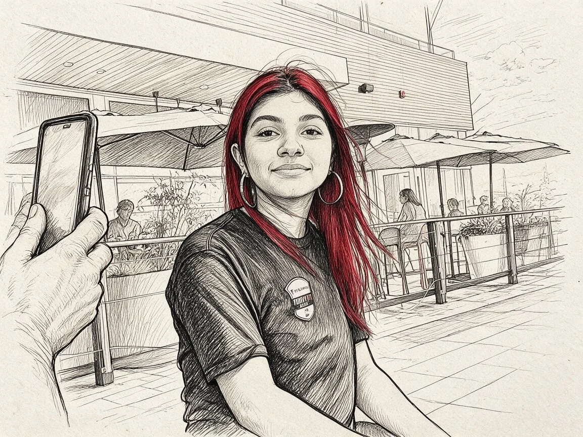 Pencil illustration of Ana Palestro, red hair and hoop earrings, smiling on a café patio in downtown Portland, Oregon, while someone off-frame holds up a phone