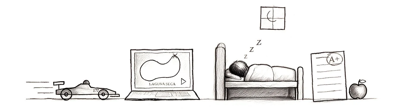 Sketch of car #177 at speed, a laptop showing the Laguna Seca track map, Ana asleep in bed under a moonlit window, and a graded A+ paper with an apple