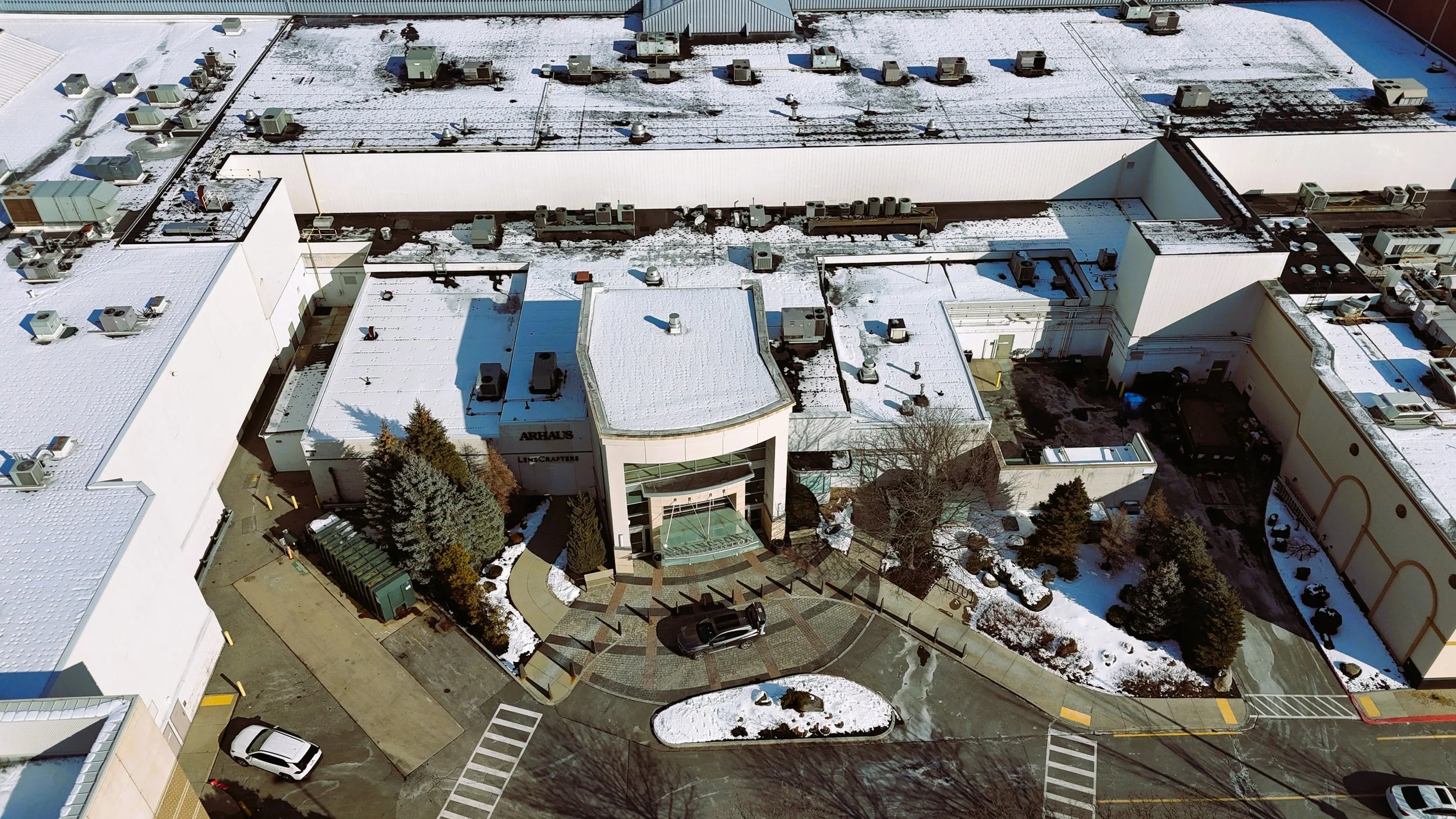 Drone view of Burlington Mall showing entrance, roof access, and circulation paths