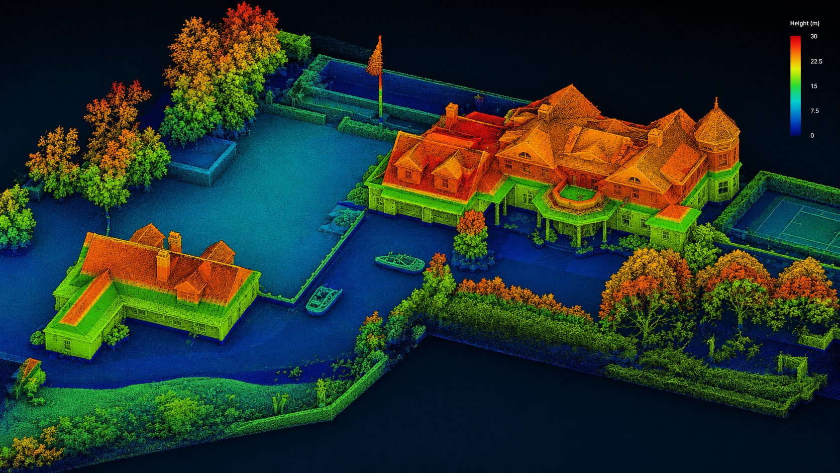 Elevation-colored LiDAR data showing Harbor Watch site geometry, structures, and terrain