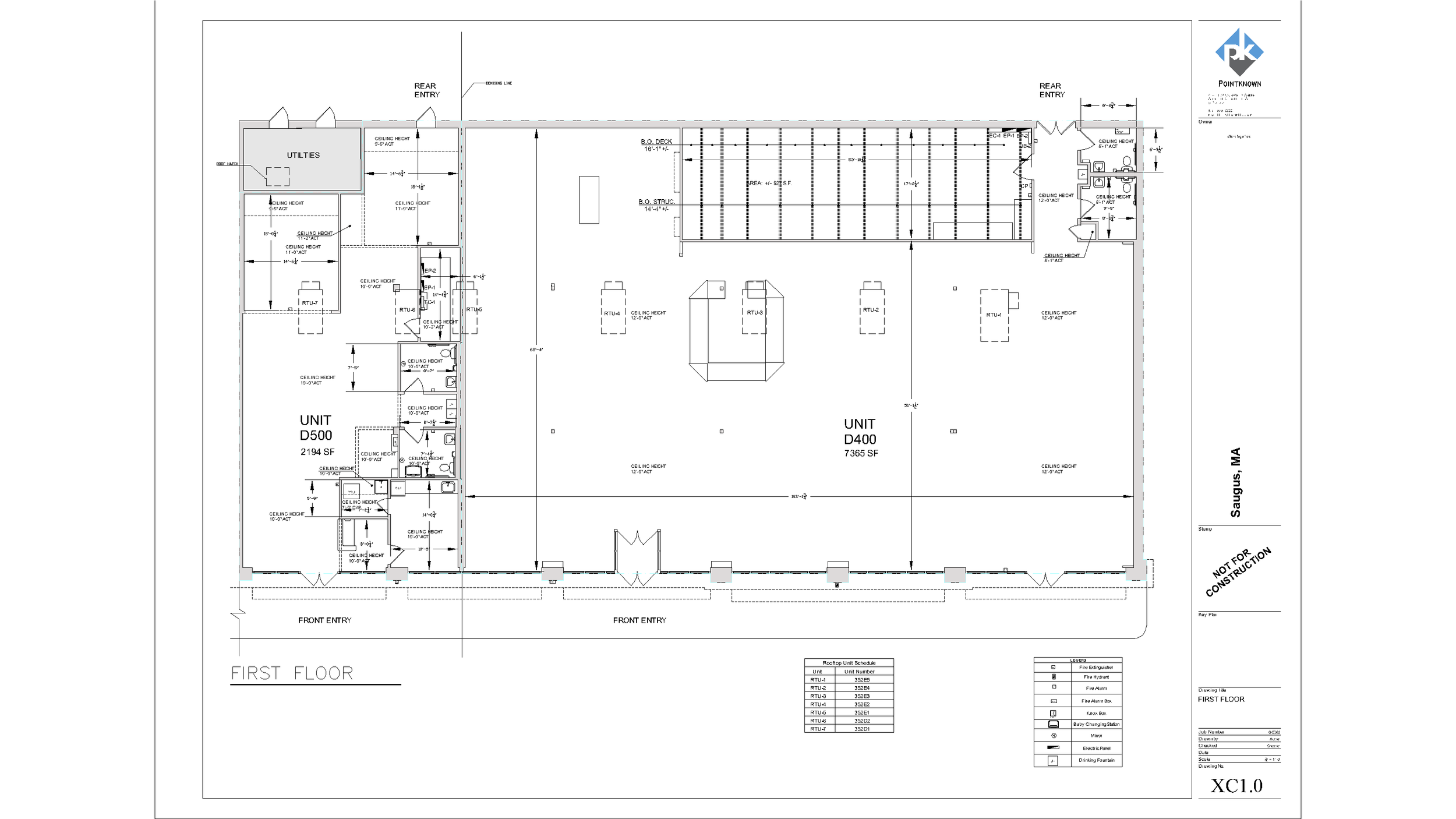 Lease Outline Drawing example showing two commercial tenant units square footage front and rear entries utilities restrooms and measured CAD documentation by Pointknown
