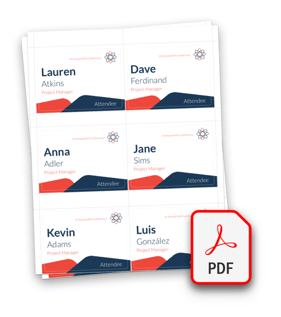 Laptop showing the badge editor with a printed PDF sheet of name badges next to it on a desk