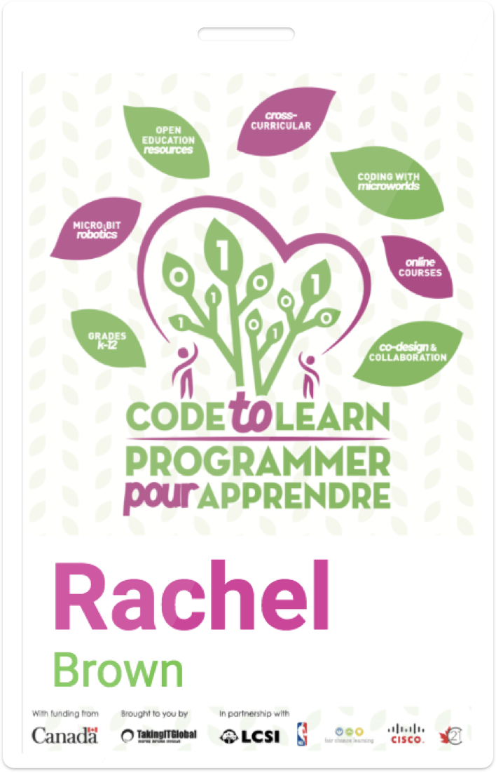 Creative badge with illustrated leaf-and-tree background and playful pink and green name layout