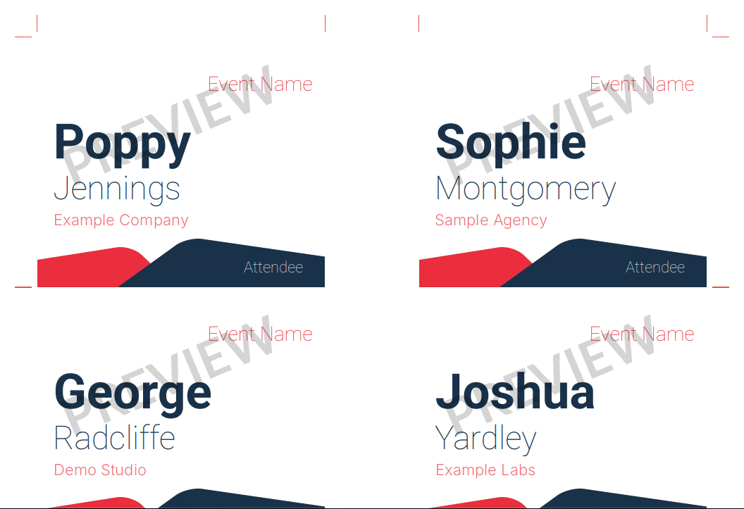 Print preview of conference name badges before downloading the PDF