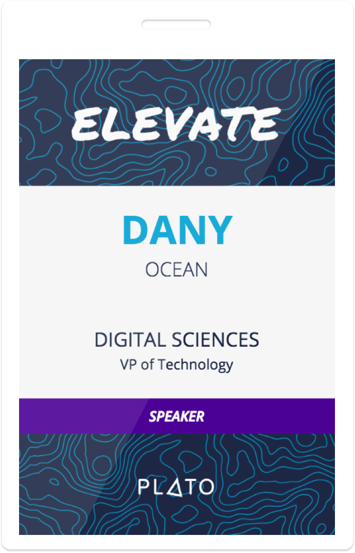 Conference badge with colour-coded Speaker pill, sponsor footer, and patterned brand header