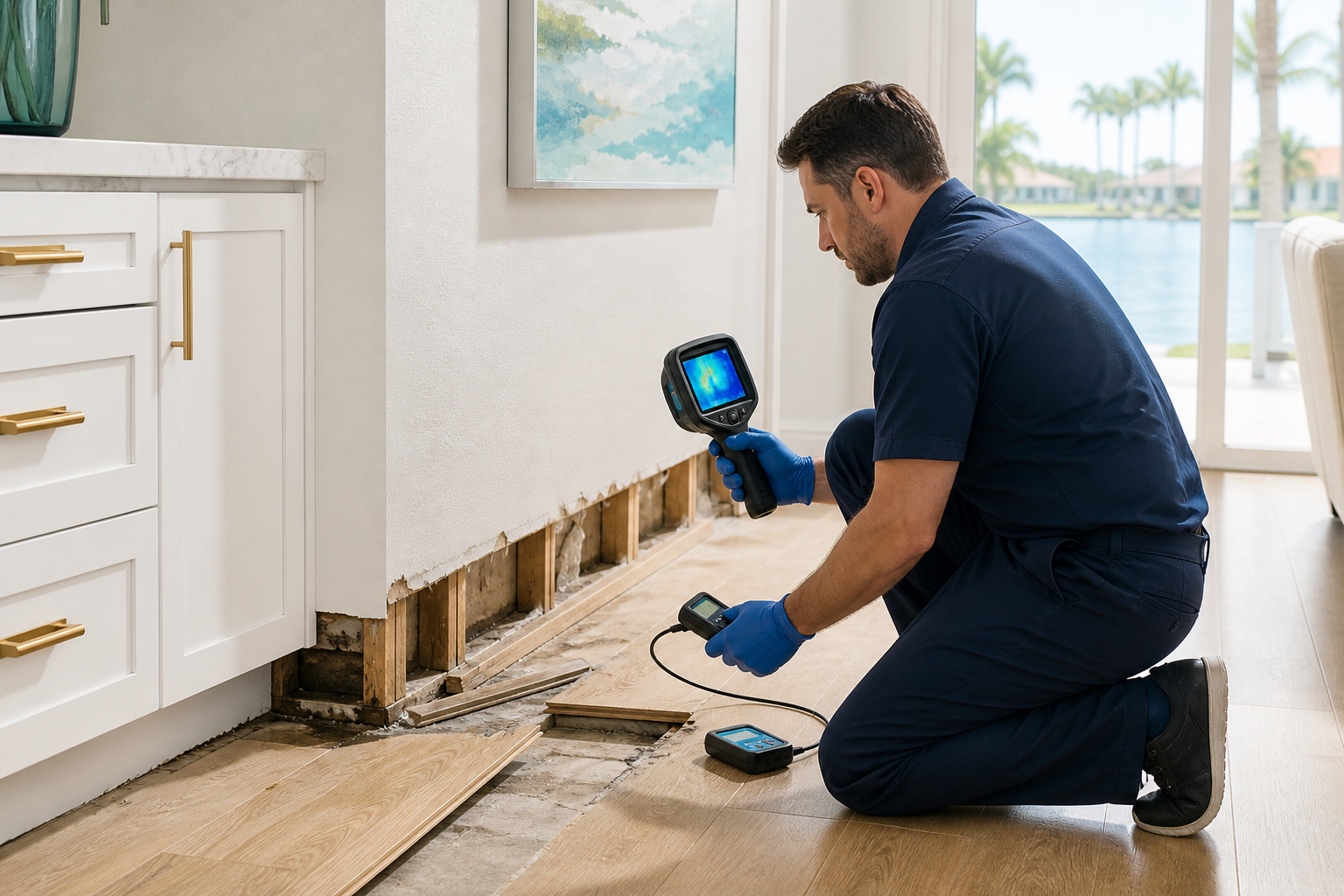 Technician mapping hidden moisture after water damage
