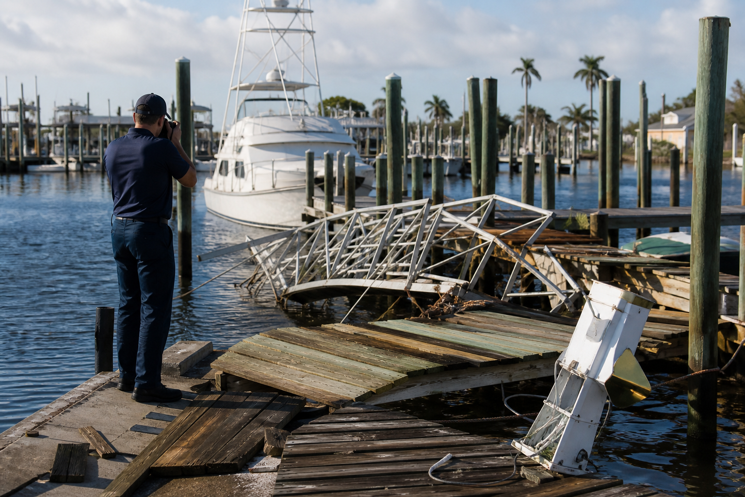 Professional documenting storm damage at a Florida marina