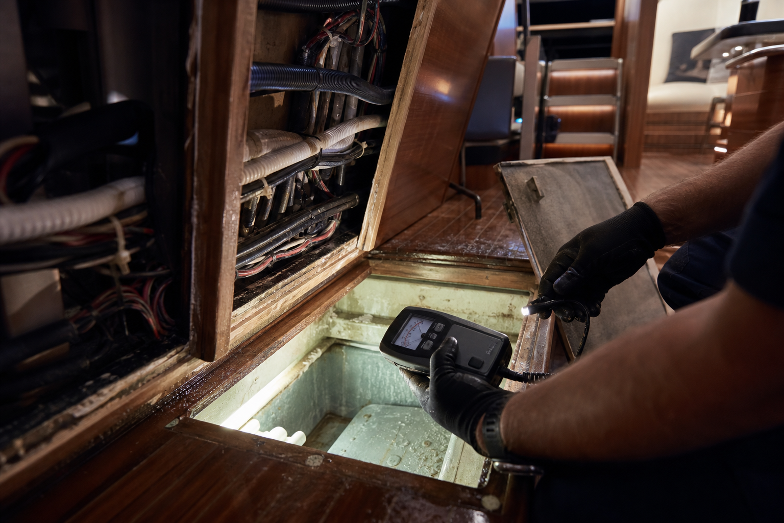 Technician inspecting hidden water intrusion inside a vessel