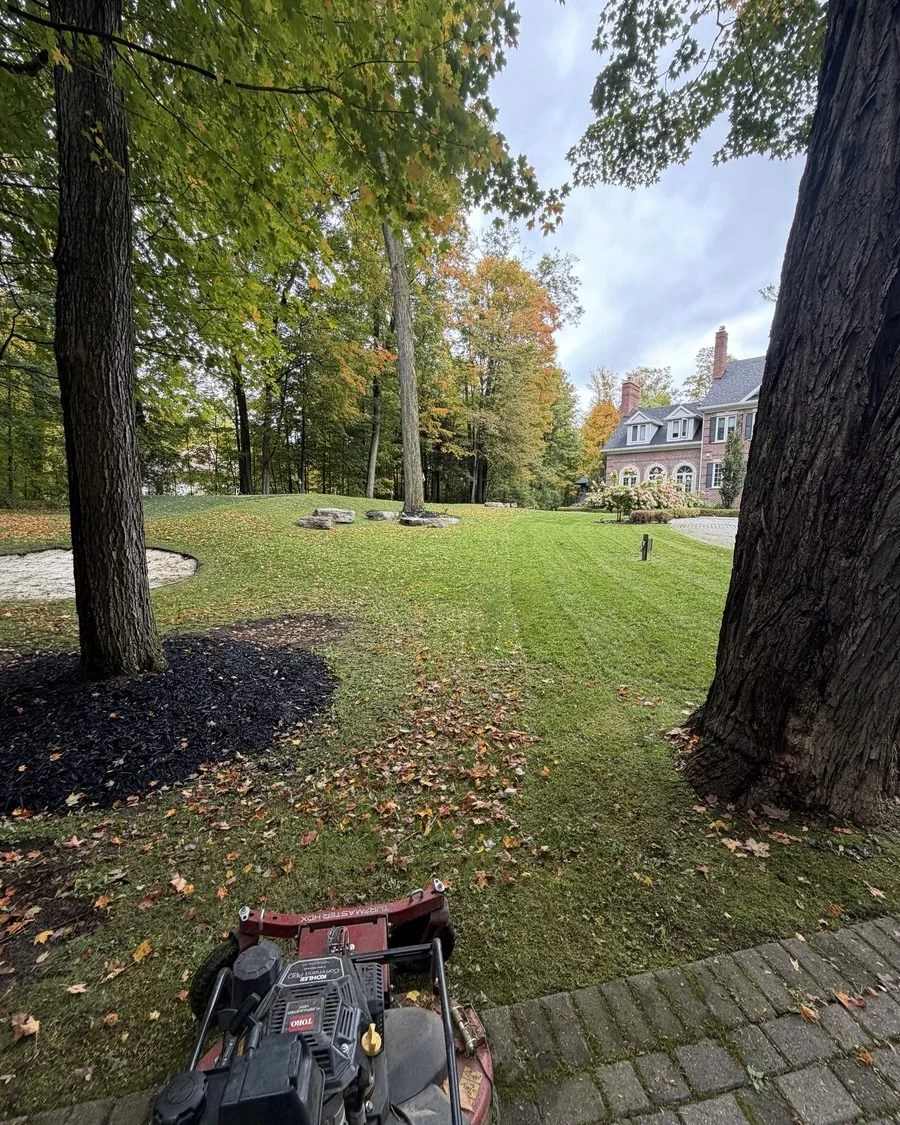 Freshly striped lawn on a treed property in York Region