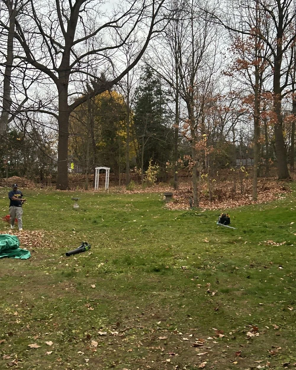 QuickCutz crew clearing leaves from a large yard
