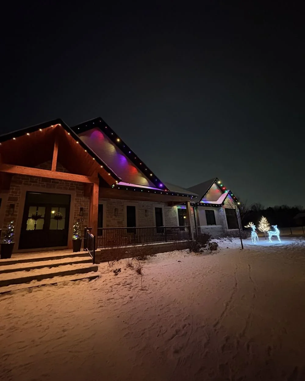 Front porch with colour roofline lights