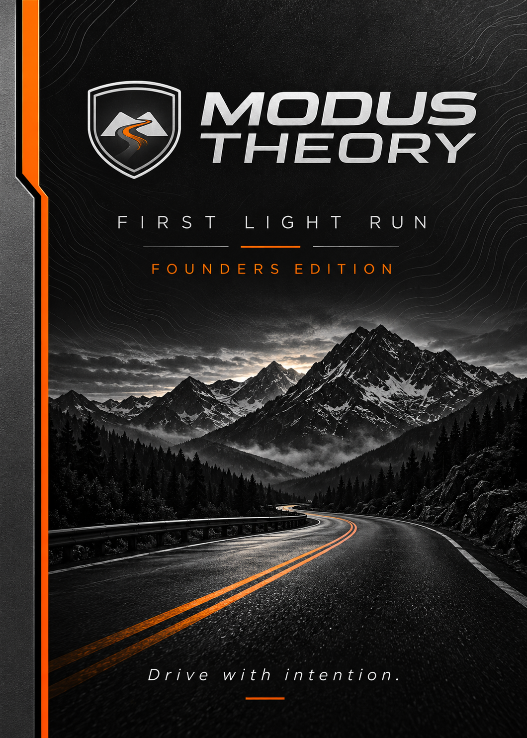 Modus Theory crest and First Light Run Founders Edition artwork: a tangerine road through charcoal mountains