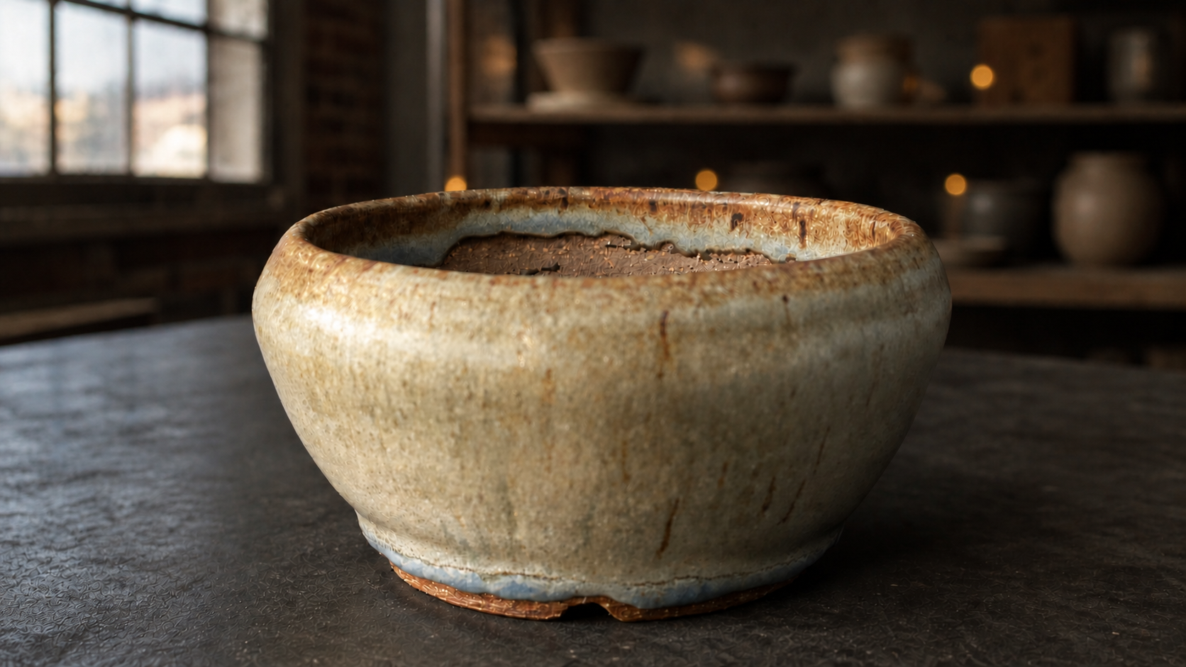 Image showing one of my thrown bonsai pots fired in a reduction atmosphere