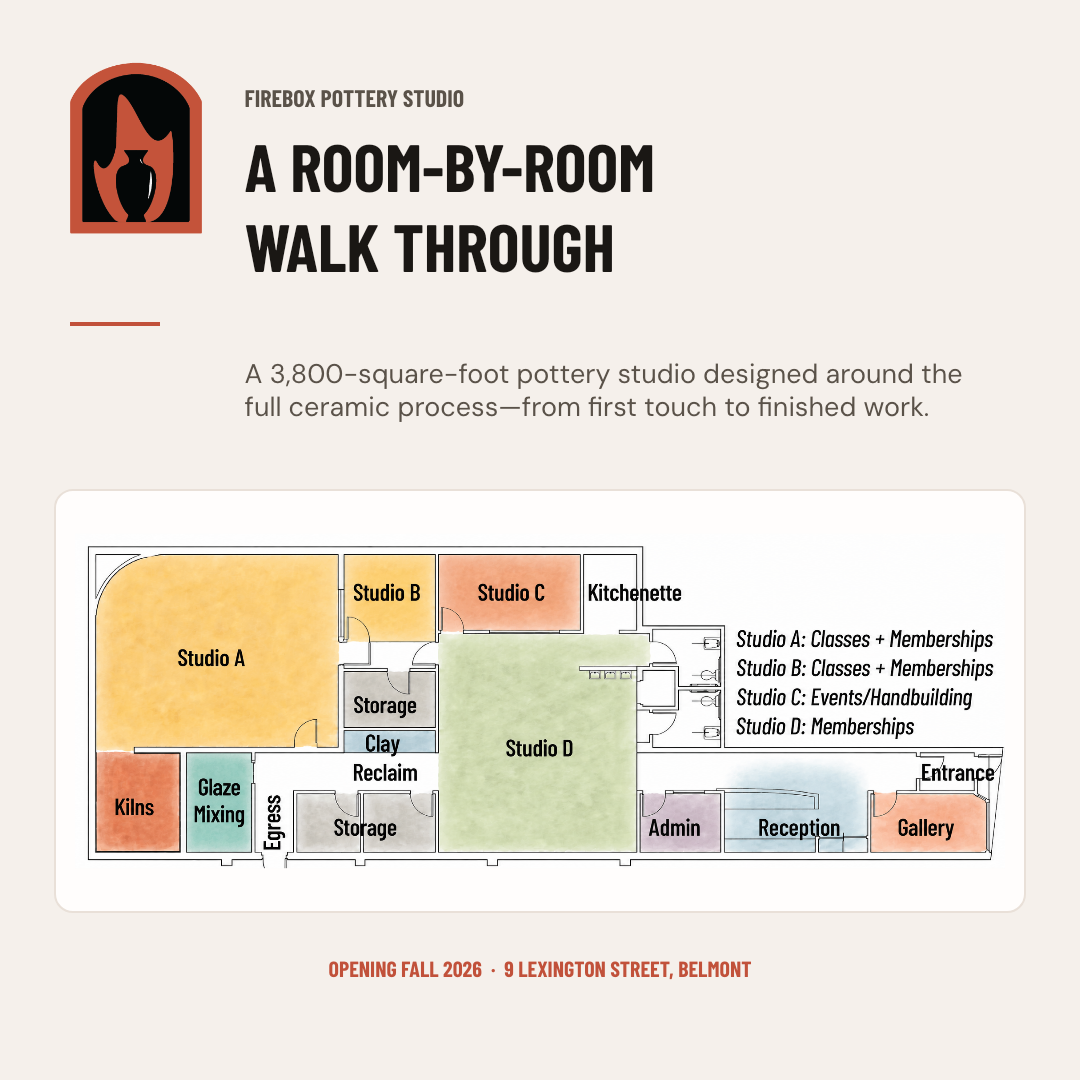 Illustrated room-by-room floor plan of Firebox Pottery Studio in Belmont, Massachusetts