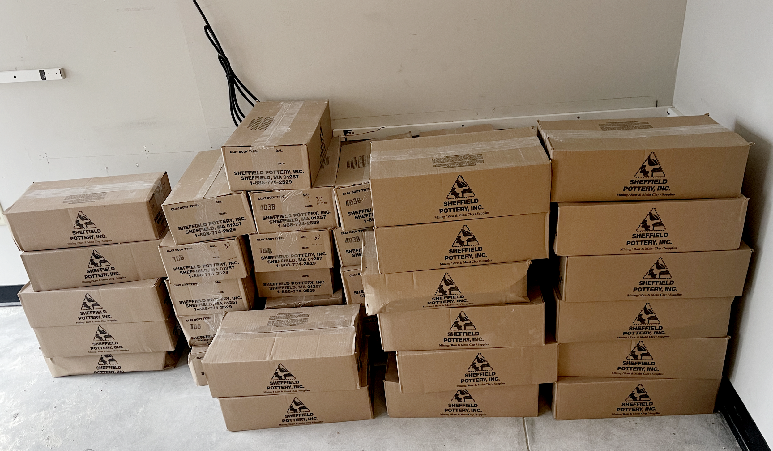 Boxes of approved Sheffield Pottery clay delivered to Firebox Pottery Studio