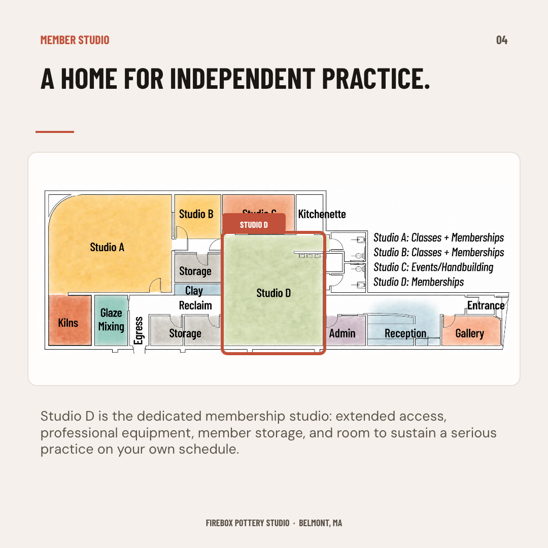 Firebox floor plan highlighting Studio D, the dedicated membership studio