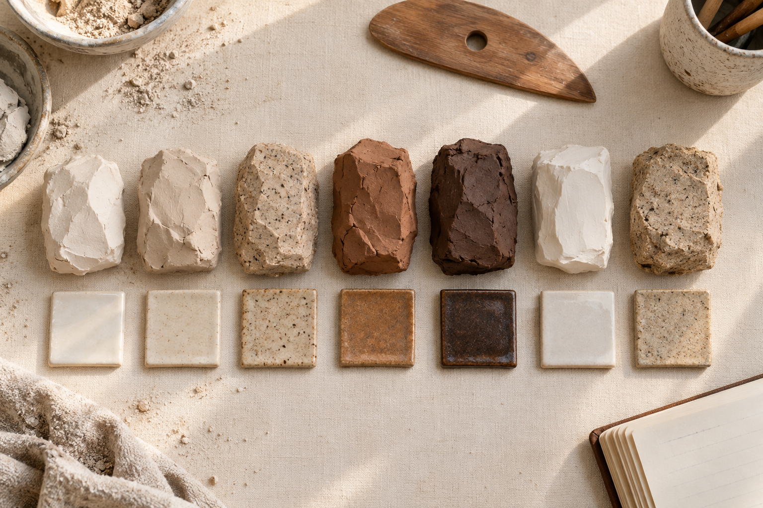 Seven clay bodies in white, buff, brown, and speckled tones arranged above corresponding ceramic glaze-test tiles