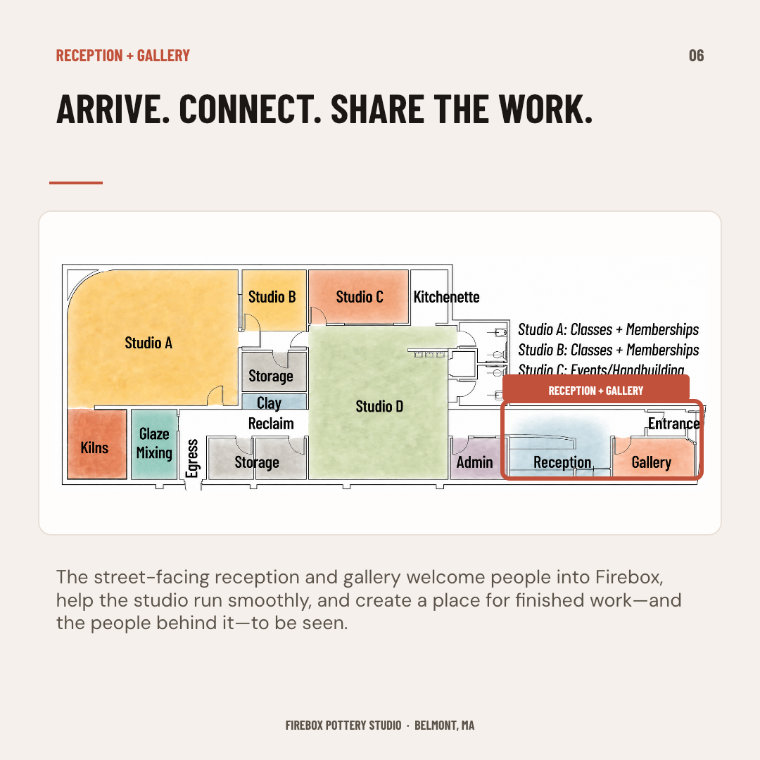 Firebox floor plan highlighting the reception and street-facing gallery