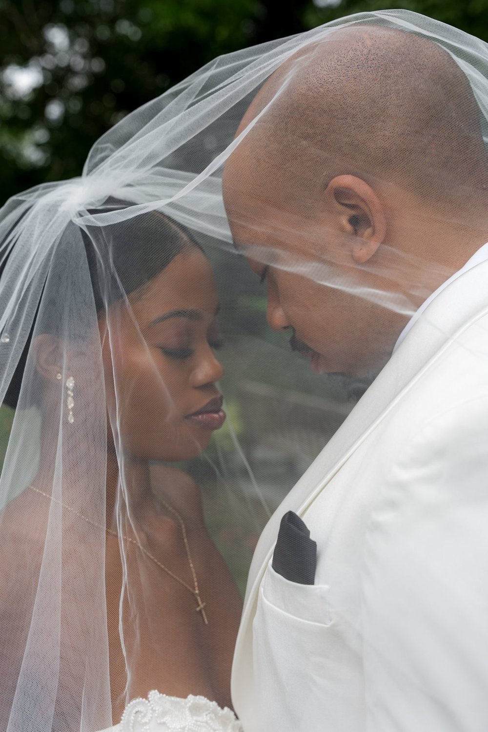 Close portrait of a bride and groom beneath her veil, London wedding photography
