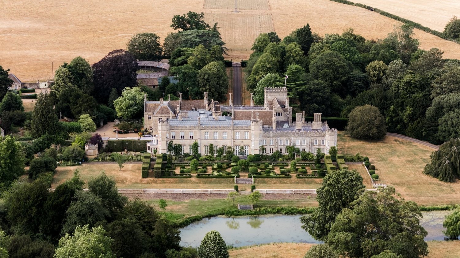 Aerial drone view of a castle estate wedding venue