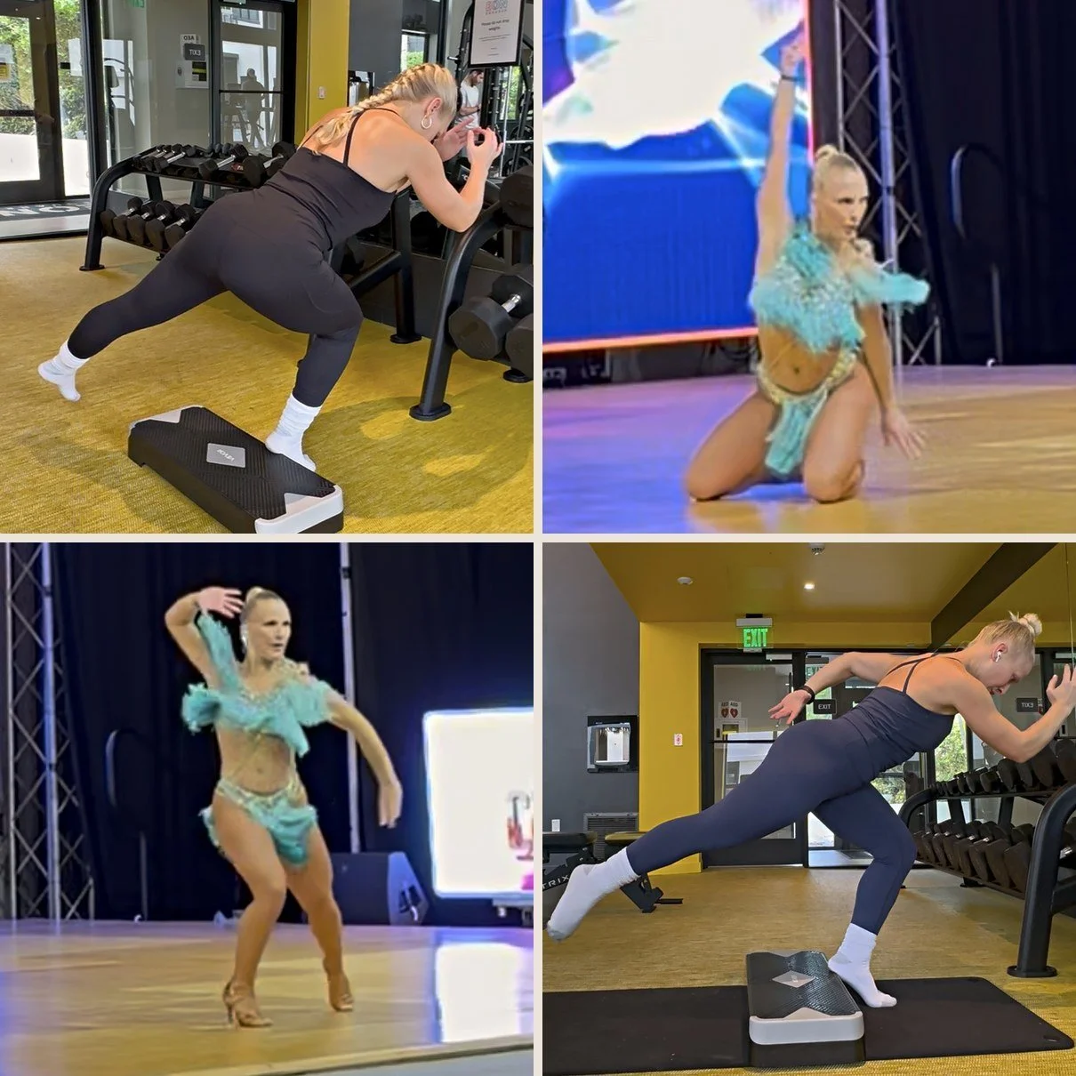 Dr. Karla Kane training single-leg strength in the gym and performing in a salsa competition