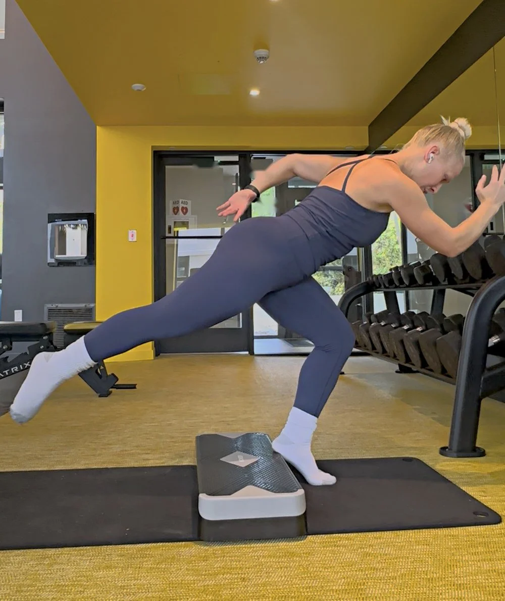 Dr. Karla Kane performing a single-leg power drill from a step platform