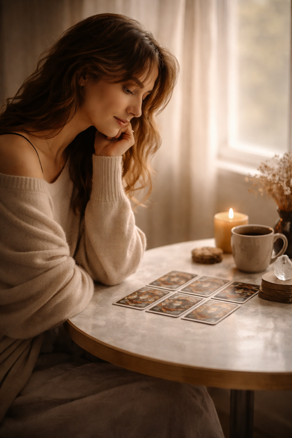 Tarot cards laid on a table by candlelight, representing an intuitive reading session with Find Your Whisper