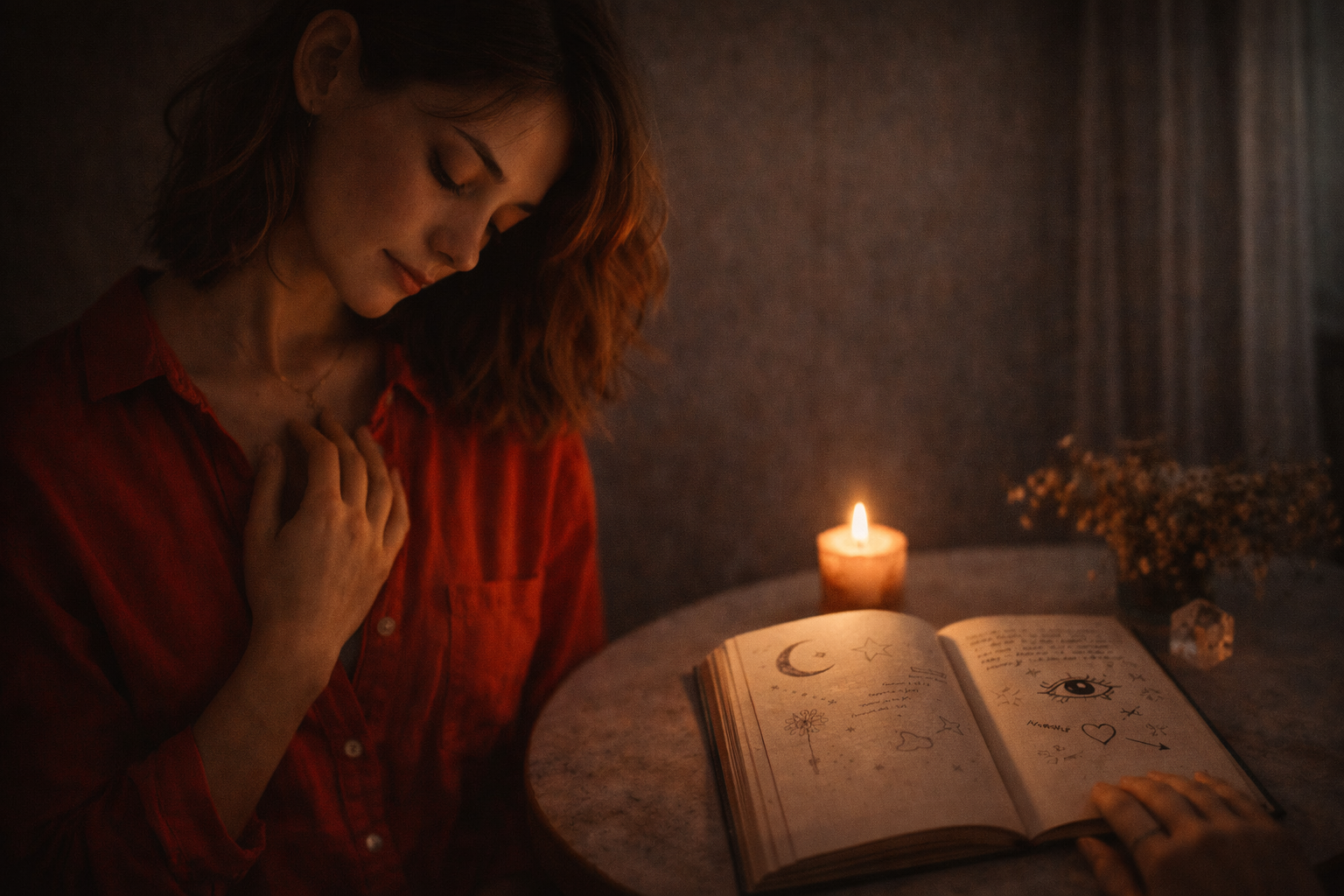 An open journal with symbolic sketches by candlelight, representing the practice of listening to your inner voice
