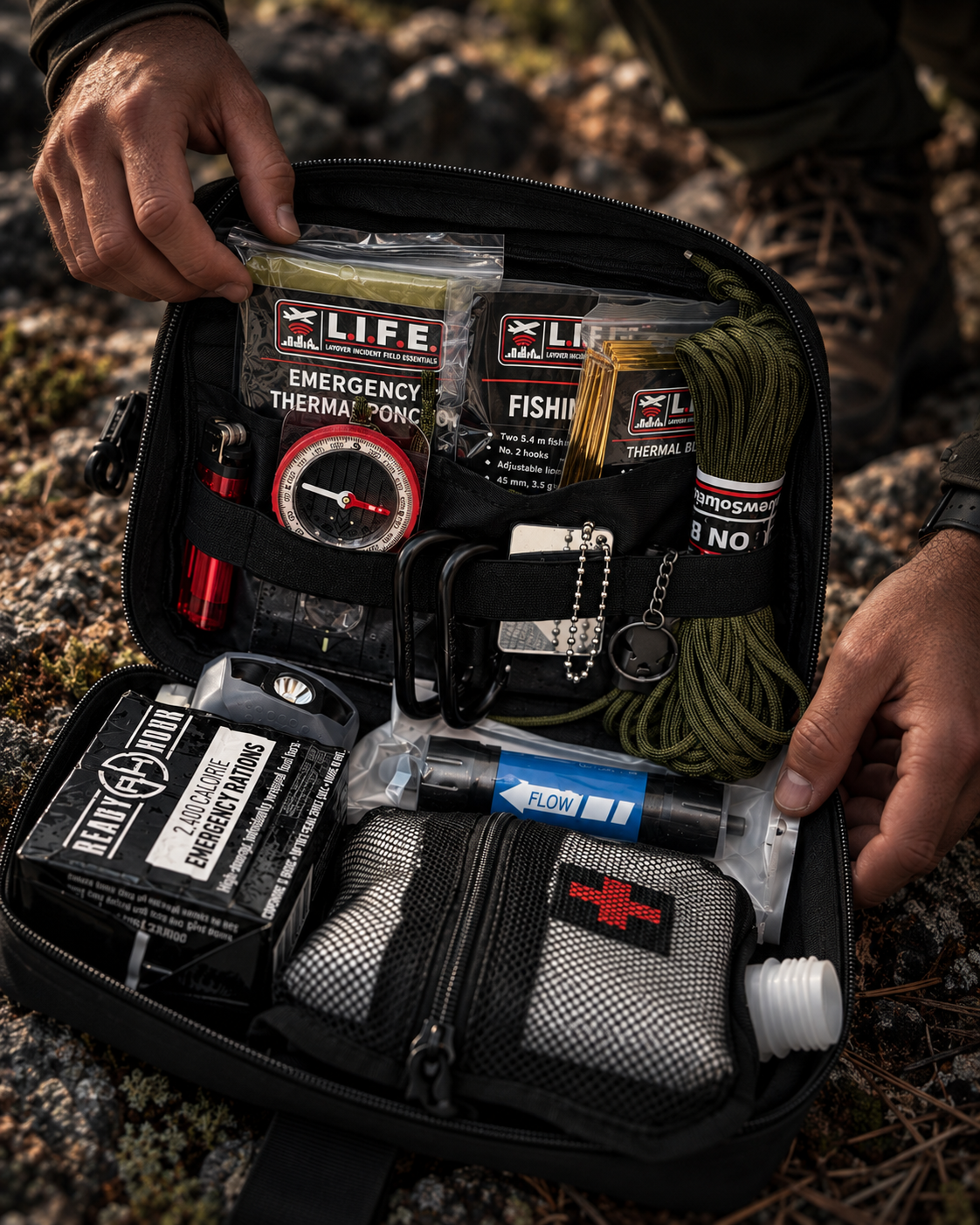 LIFE Bag emergency system arranged in a vehicle overlooking a mountain lake