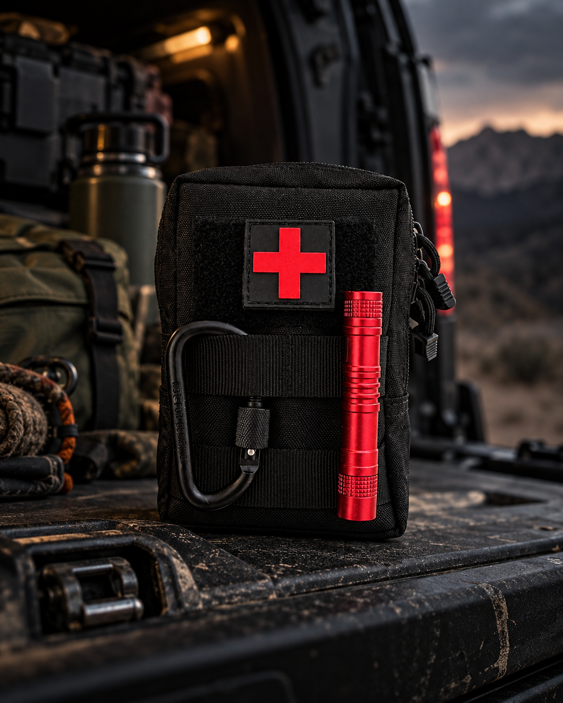 LIFE Bag First Aid pouch beside a mountain lake