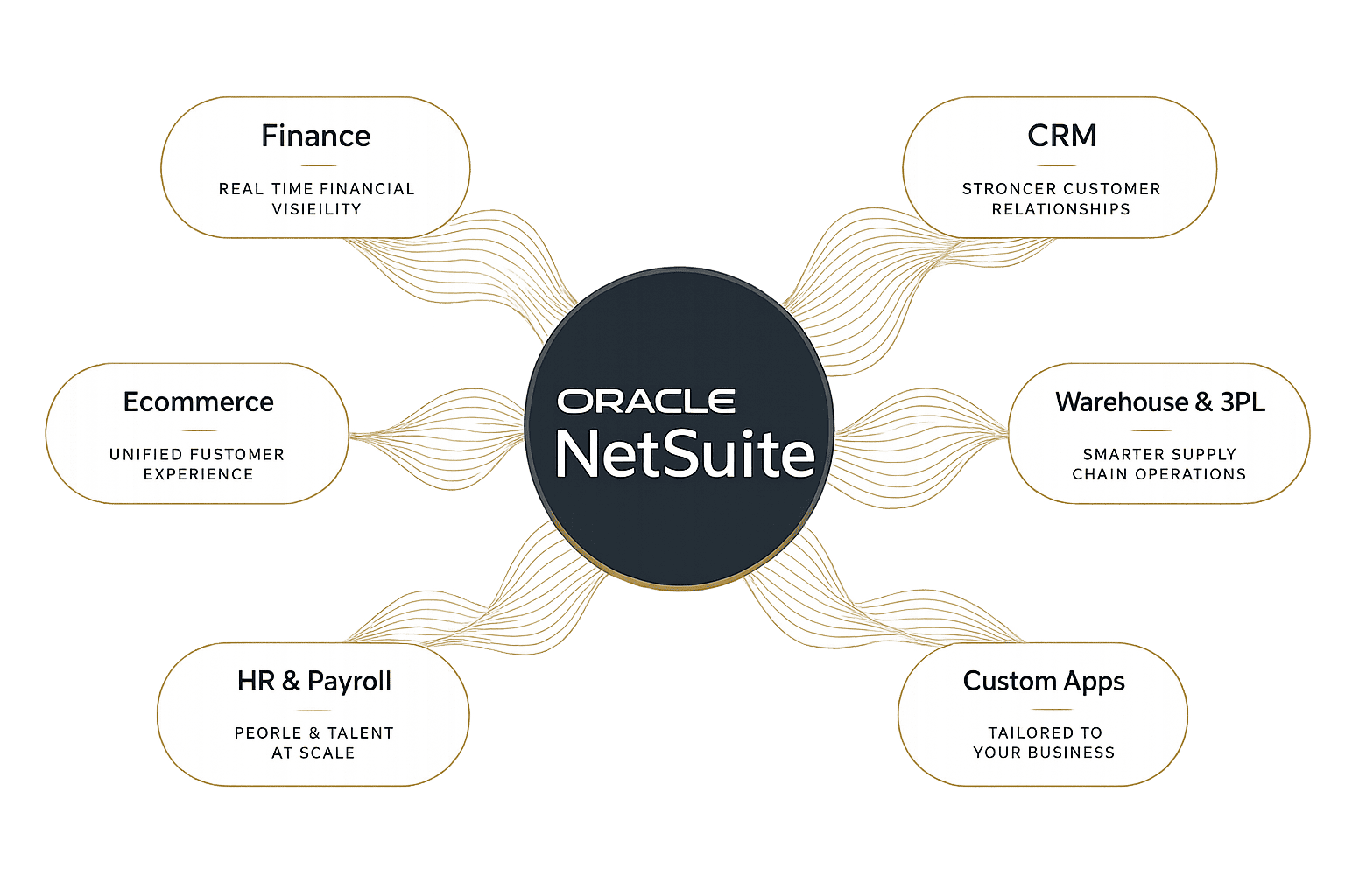Diagram showing NetSuite connected to Finance, CRM, Ecommerce, Warehouse and HR systems