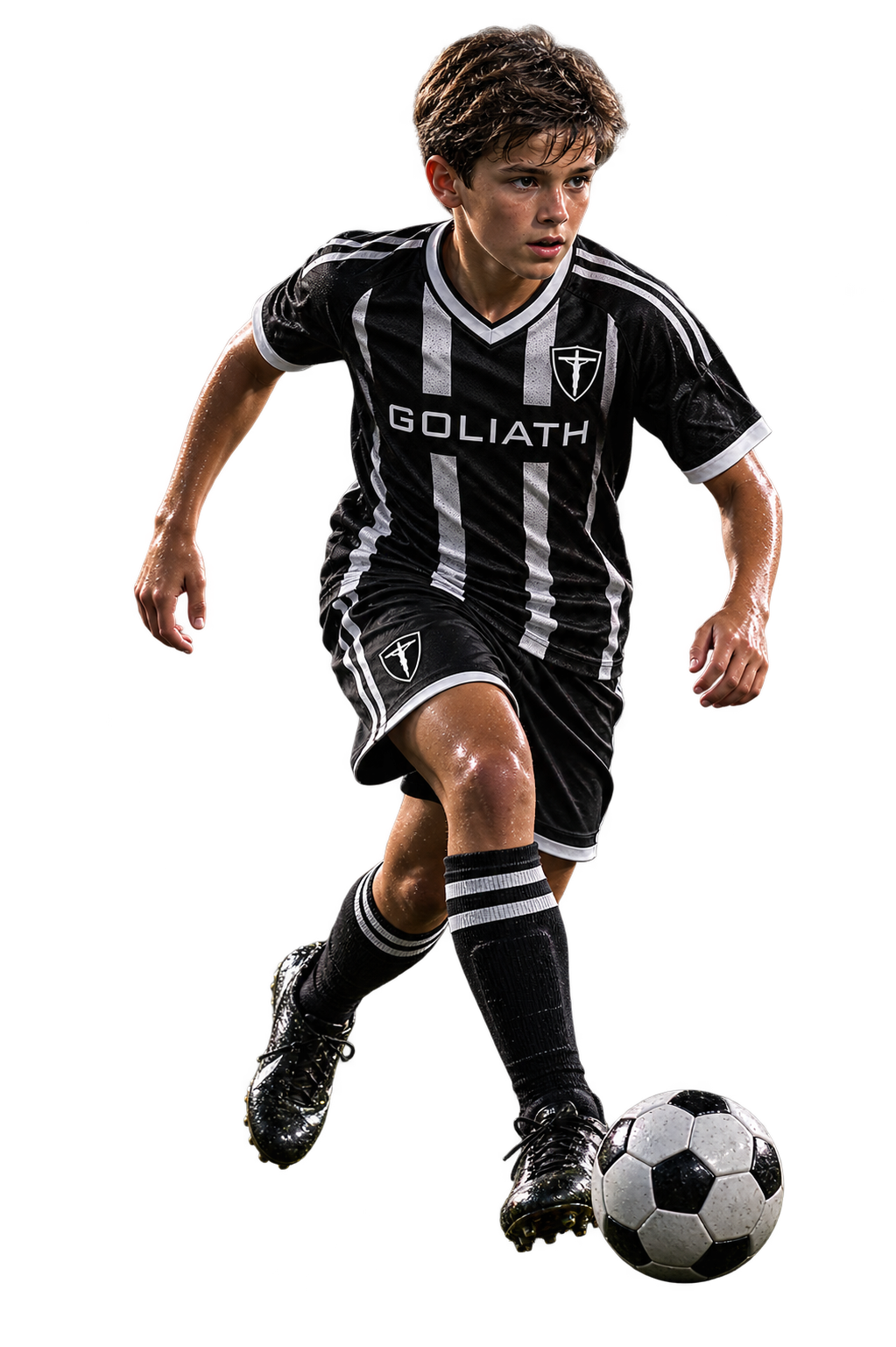 Young soccer player wearing a black-and-white Goliath uniform