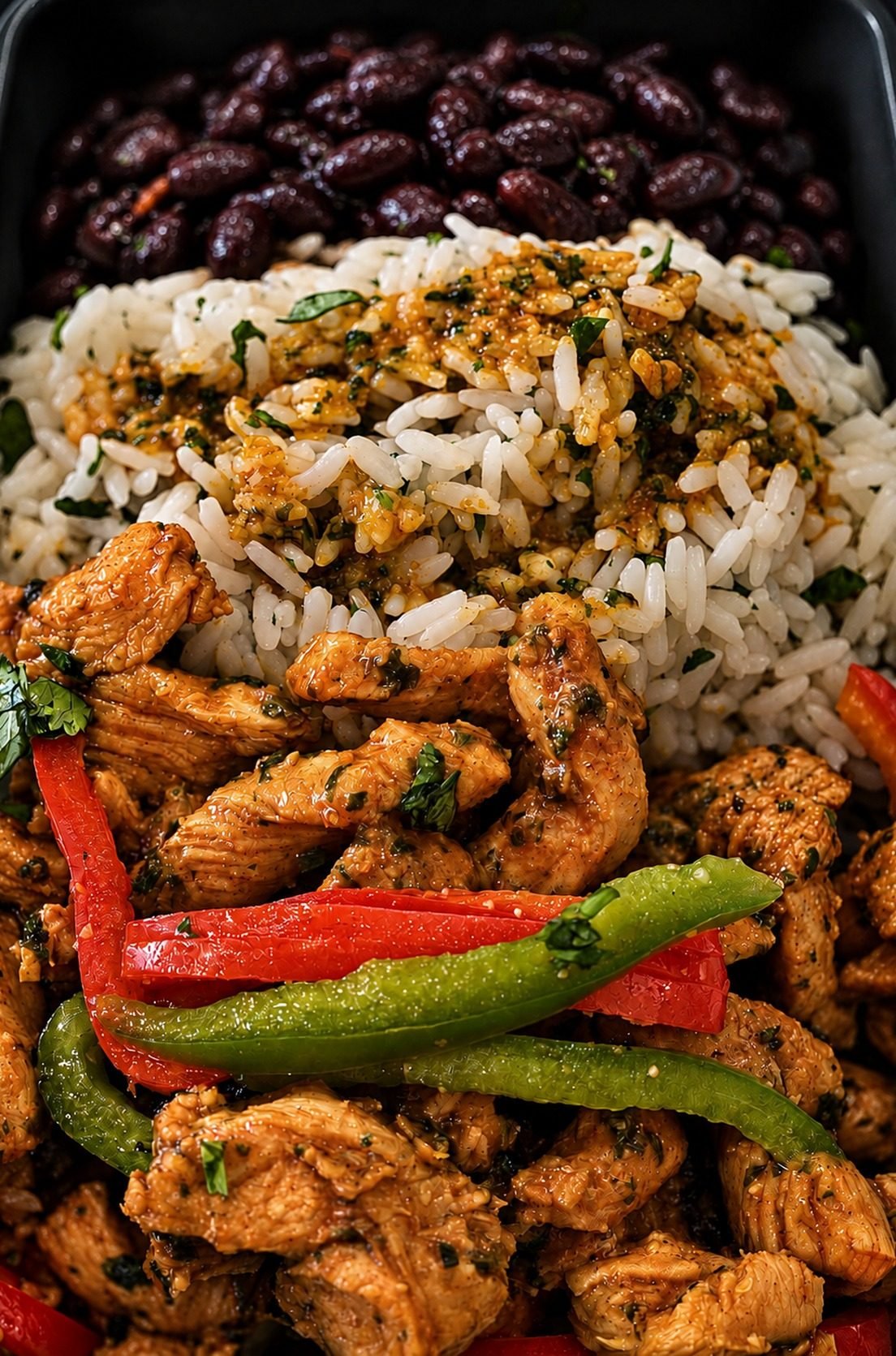 Fajita chicken with rice and red beans