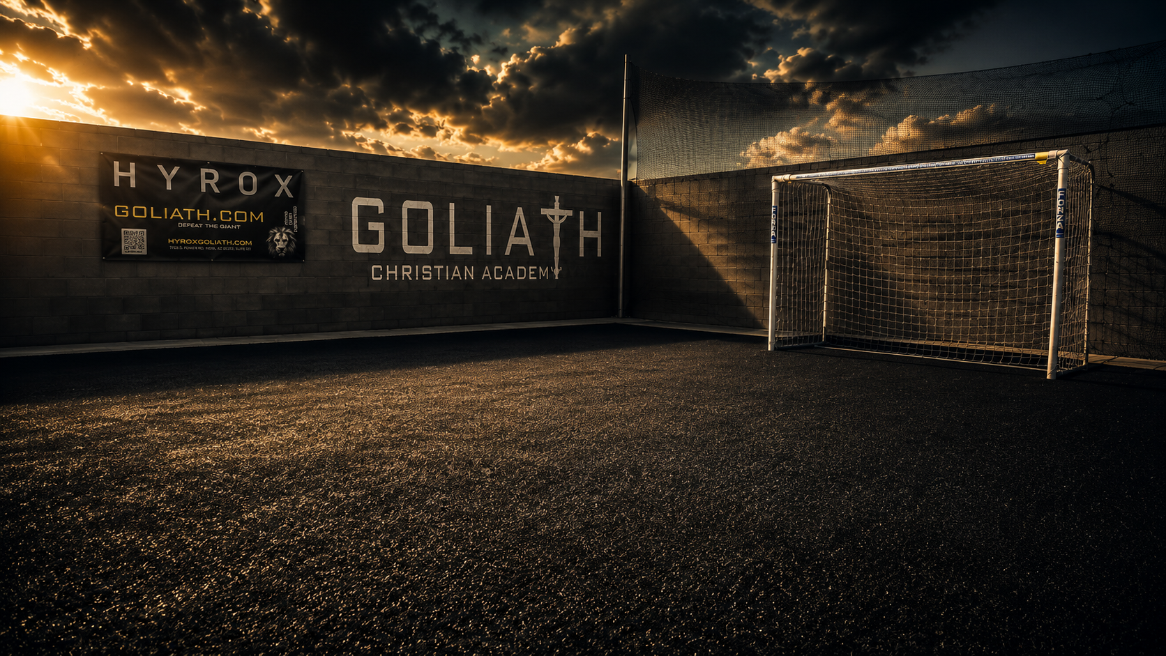 Soccer goal and Goliath Christian Academy wall at the soccer complex