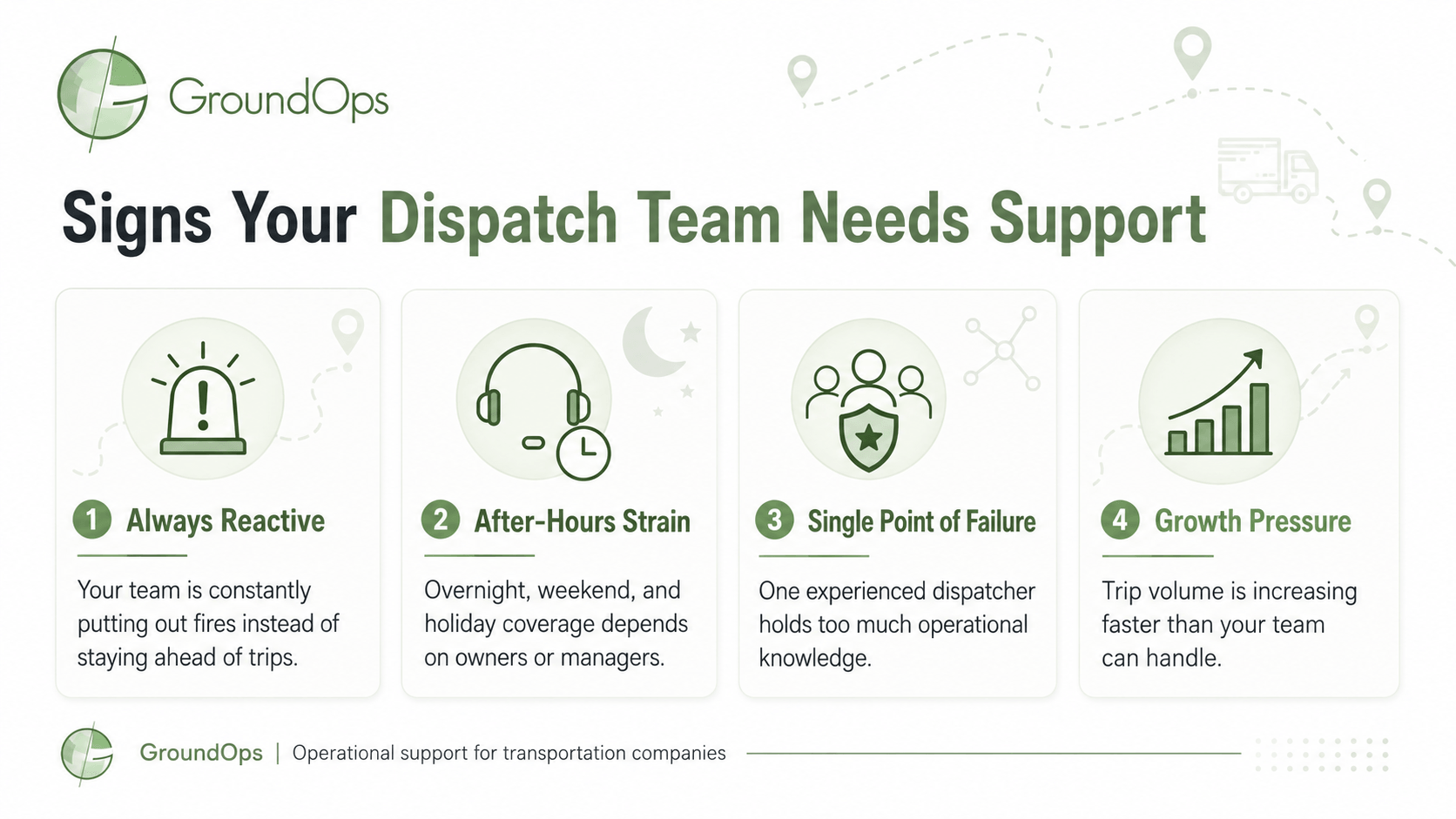 Signs a transportation dispatch team may need support, including reactive workflows, after-hours strain, single point of failure, and growth pressure.