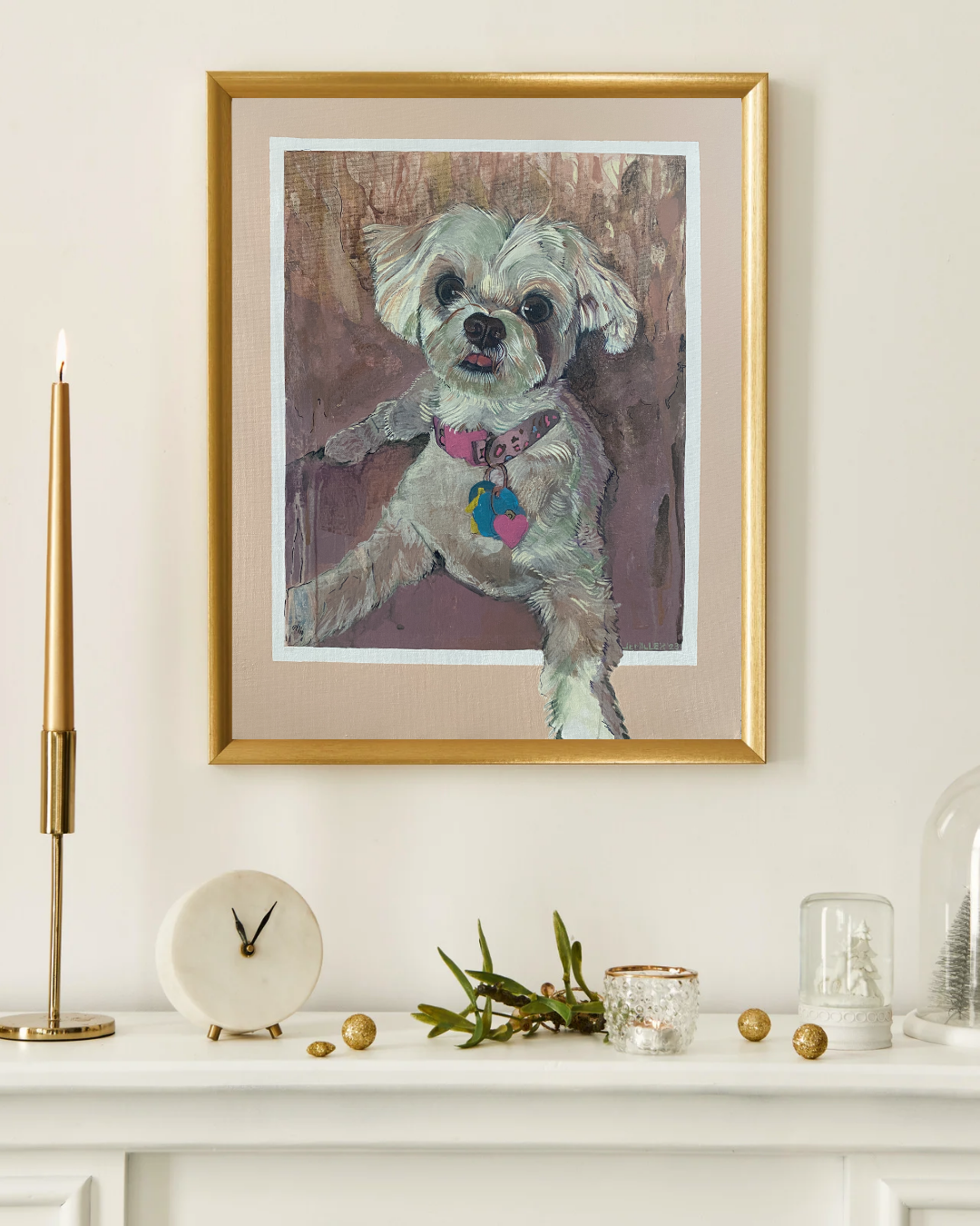 Custom hand-painted pet portrait of Daisy, white small dog lounging on couch