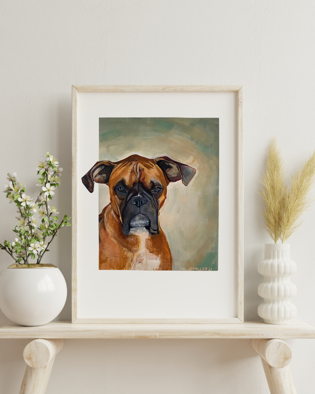 Custom hand-painted pet portrait of a brown dog named Roxy, she is a boxer