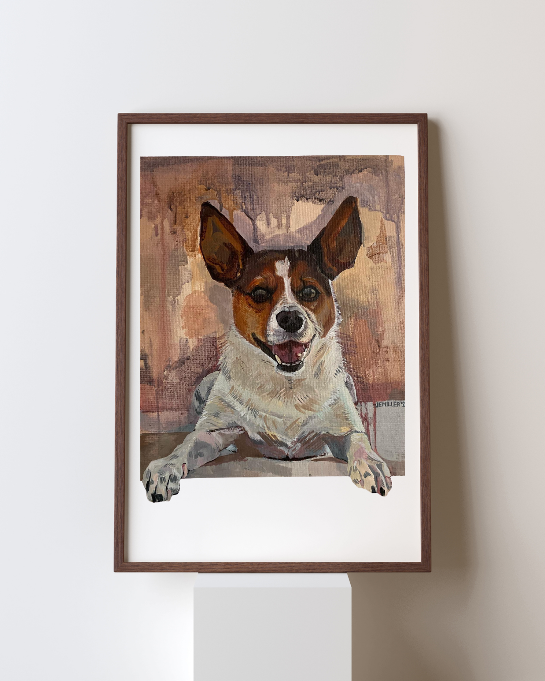 Custom hand-painted pet portrait of the small dog Bo, a brown and white terrier