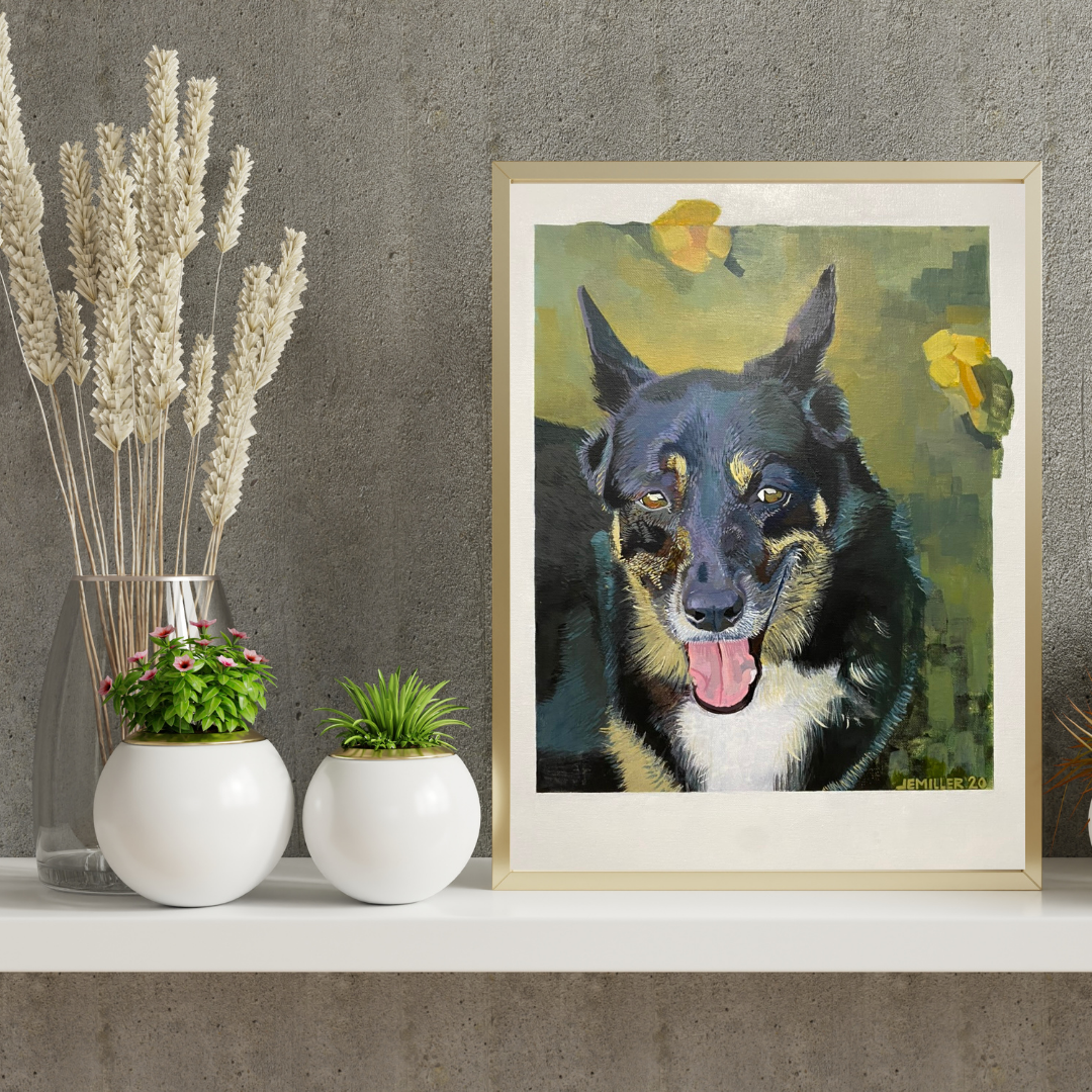 Custom hand-painted pet portrait of Mya, the black and white dog, laying in the flower bed.