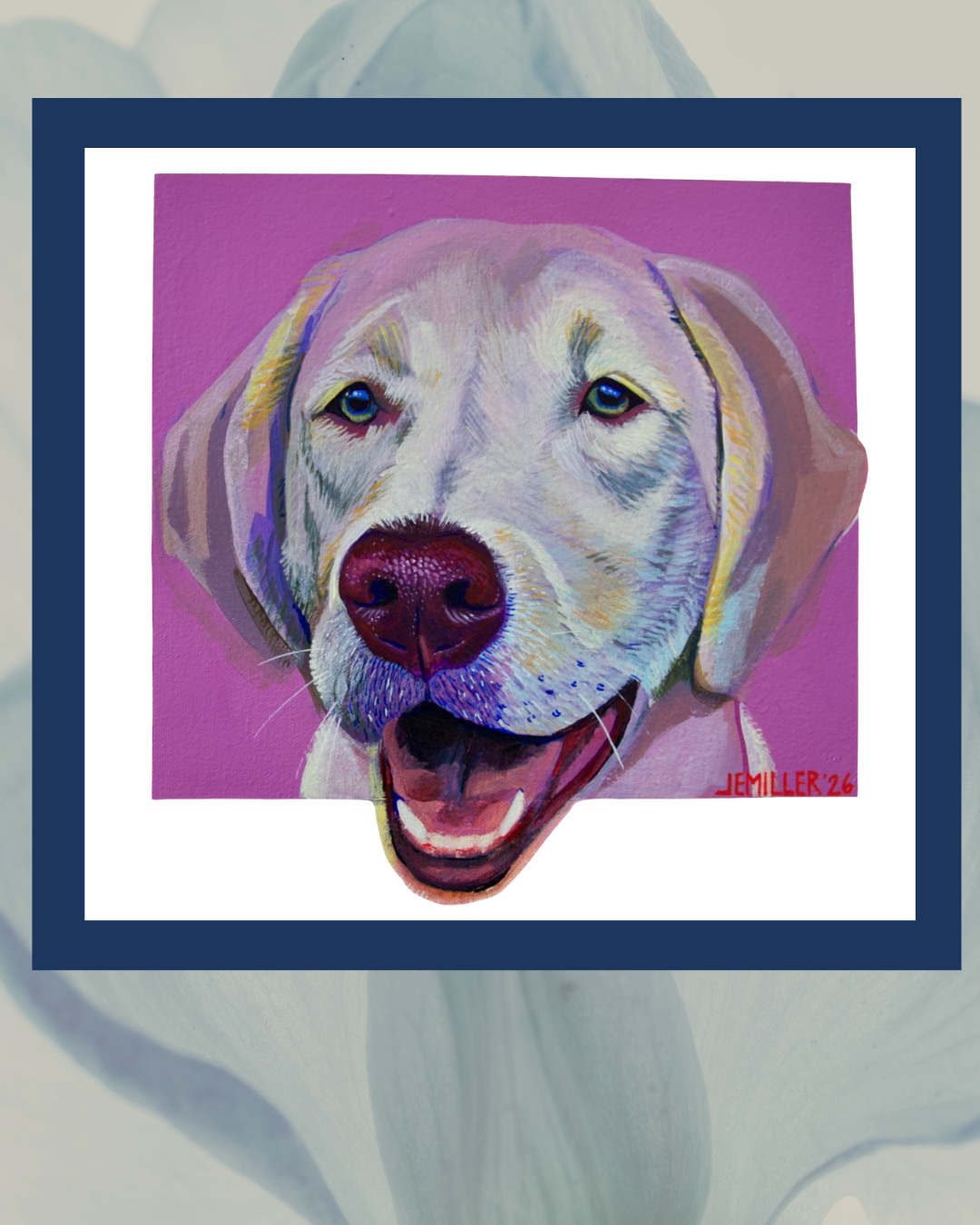 Custom pet portrait of Cabo, an English Cream Labrador retriever, hand-painted from a client photo by pet portrait artist J.E. Miller..