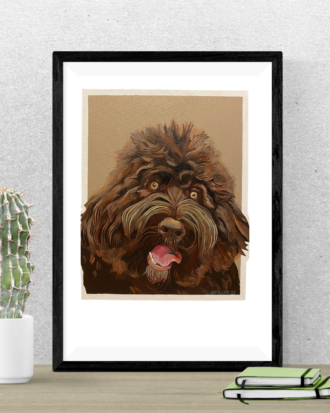 Custom hand-painted pet portrait of Benji, happy smiling brown doodle