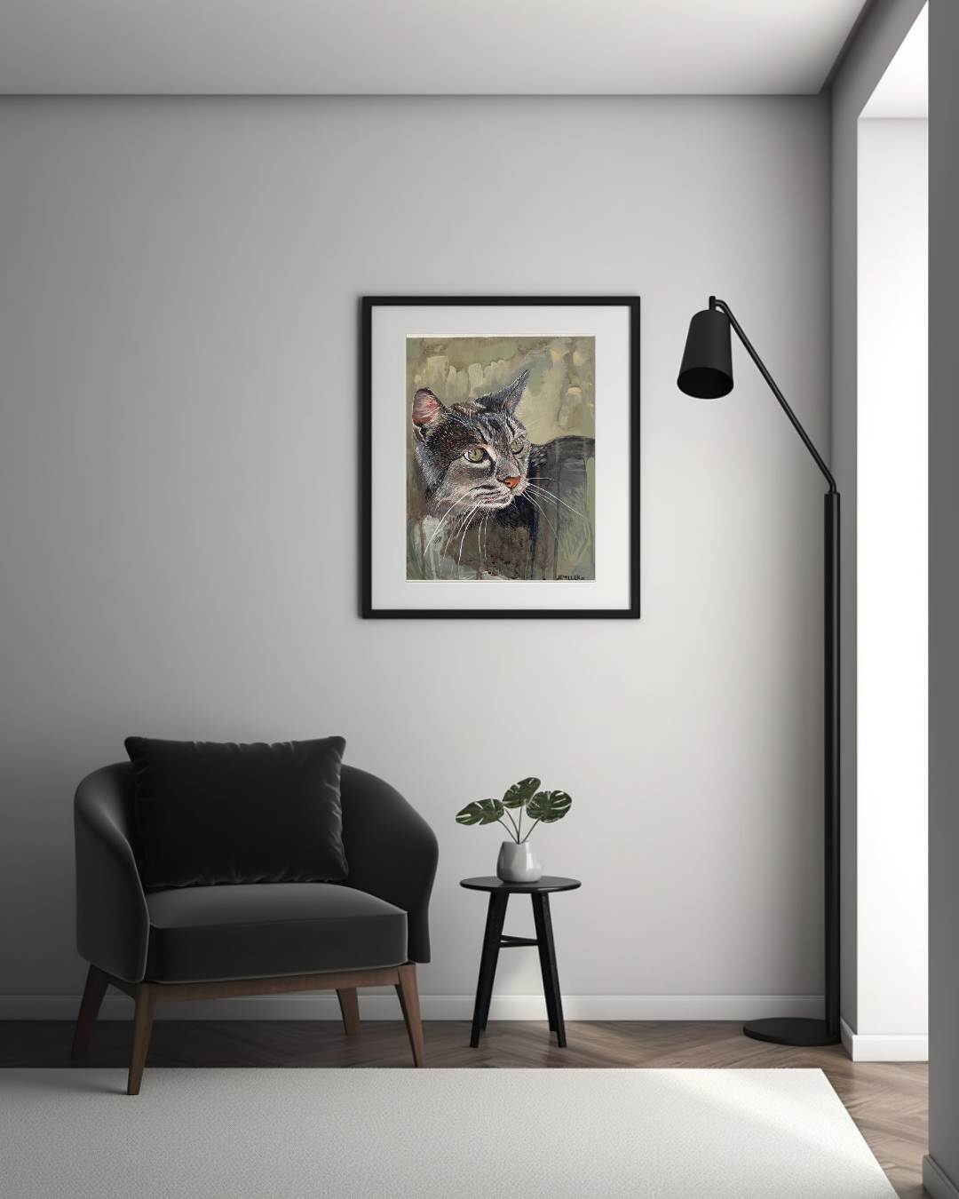 Custom hand-painted pet portrait of a grey cat names Hala