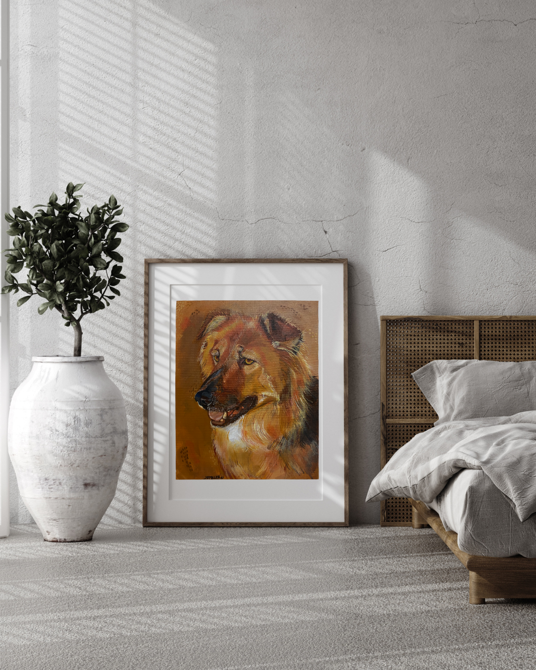 Custom hand-painted pet portrait of a brown dog named Mowgli
