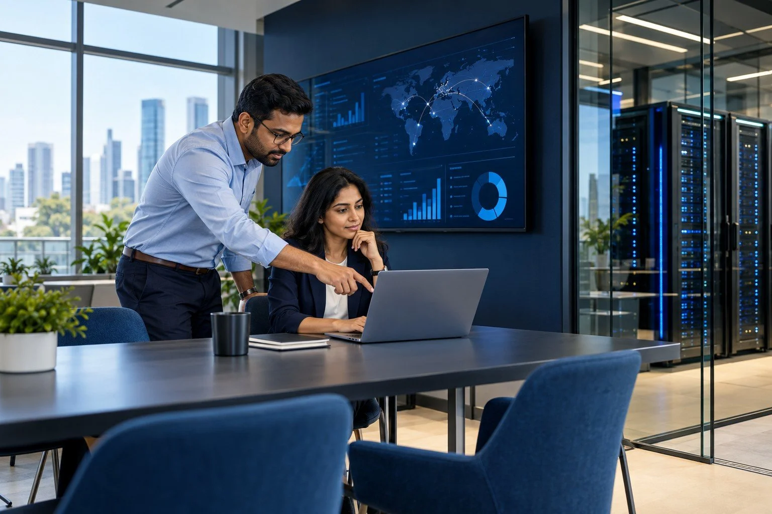 Representative modern business workplace with technology specialists