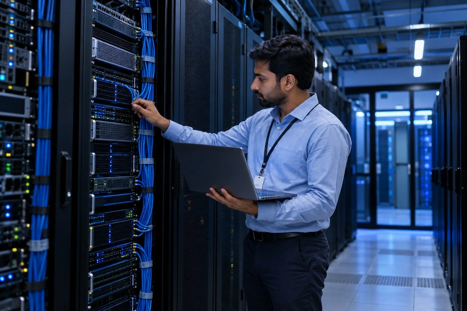 Representative network engineer working in a server room