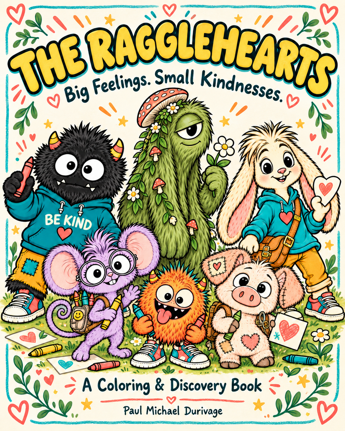 THE RAGGLEHEARTS — Big Feelings. Small Kindnesses., A Coloring & Discovery Book by Paul Michael Durivage — approved front cover.